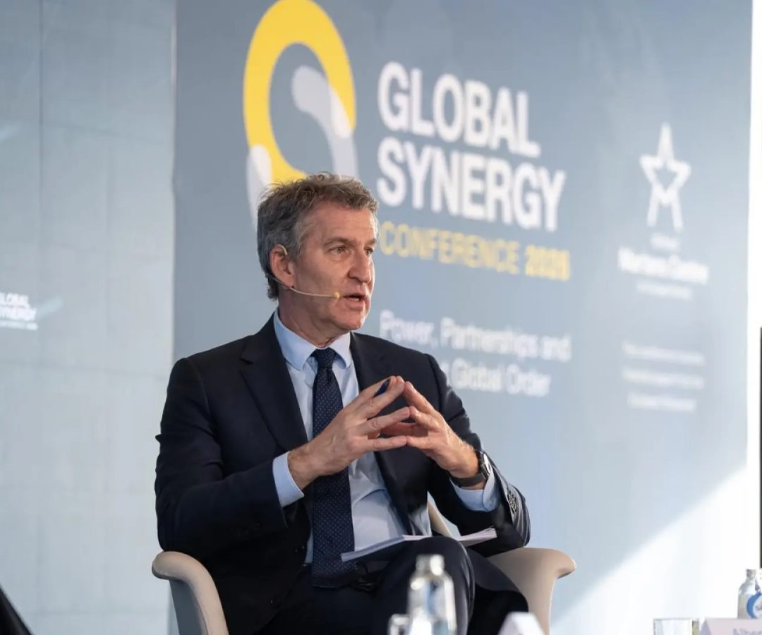 El presidente del Partido Popular, Alberto Núñez Feijóo, en la conferencia Global Synergy de Europa.Diego Puerta / PP