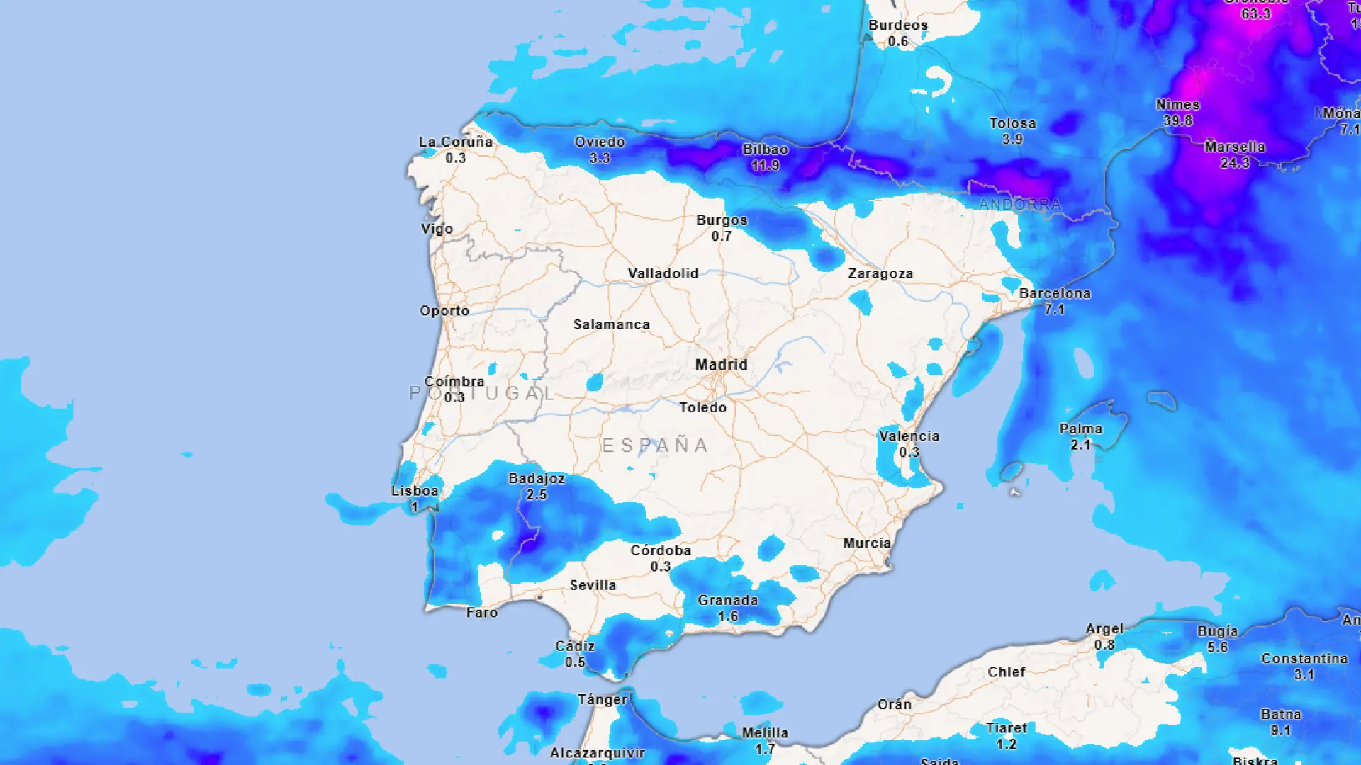Mapa de las lluvias acumuladas de este viernesMeteored