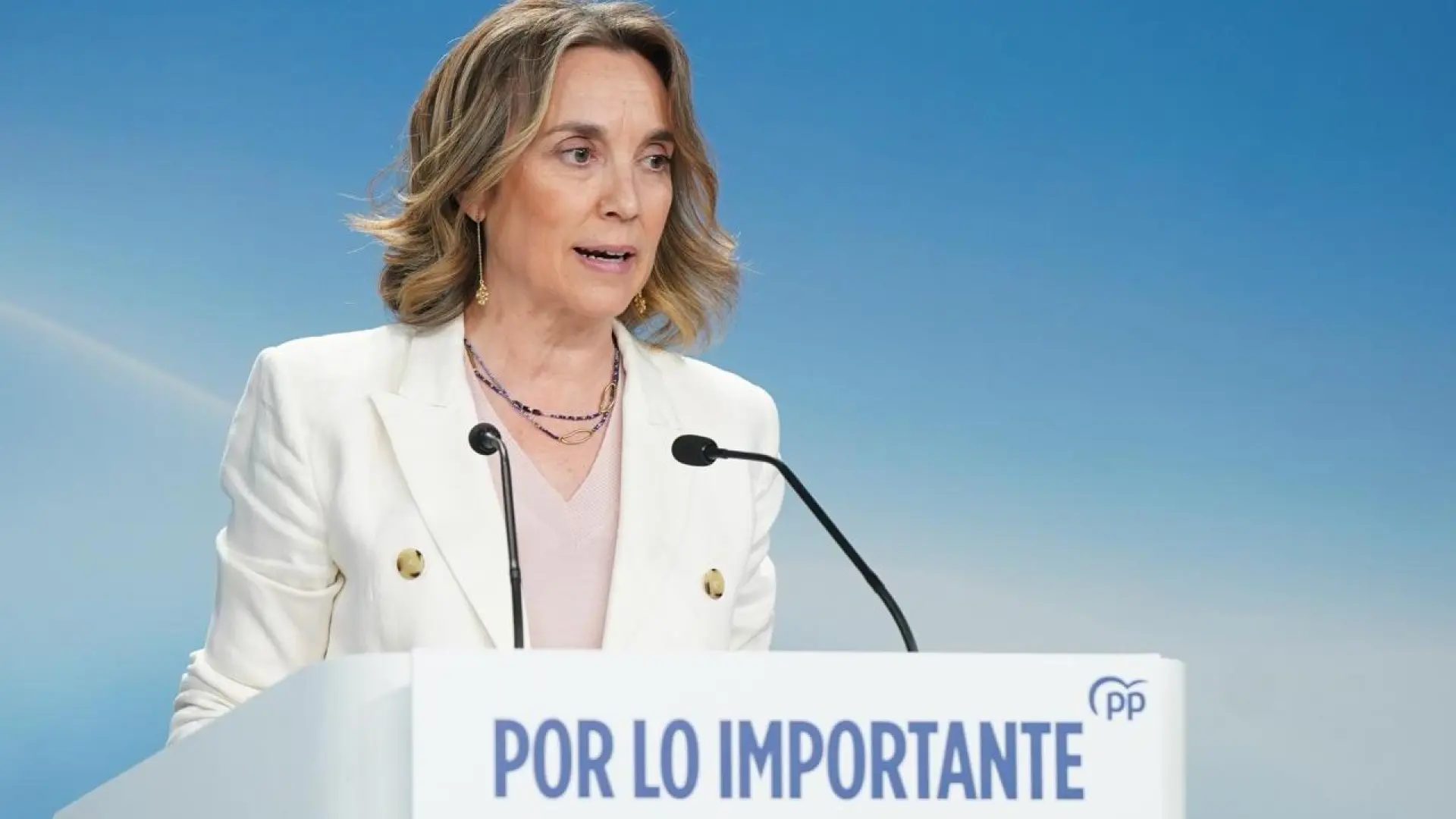 La vicesecretaria de Regeneración Institucional del Partido Popular, Cuca Gamarra, en la rueda de prensa en Génova este 23 de marzo.PP