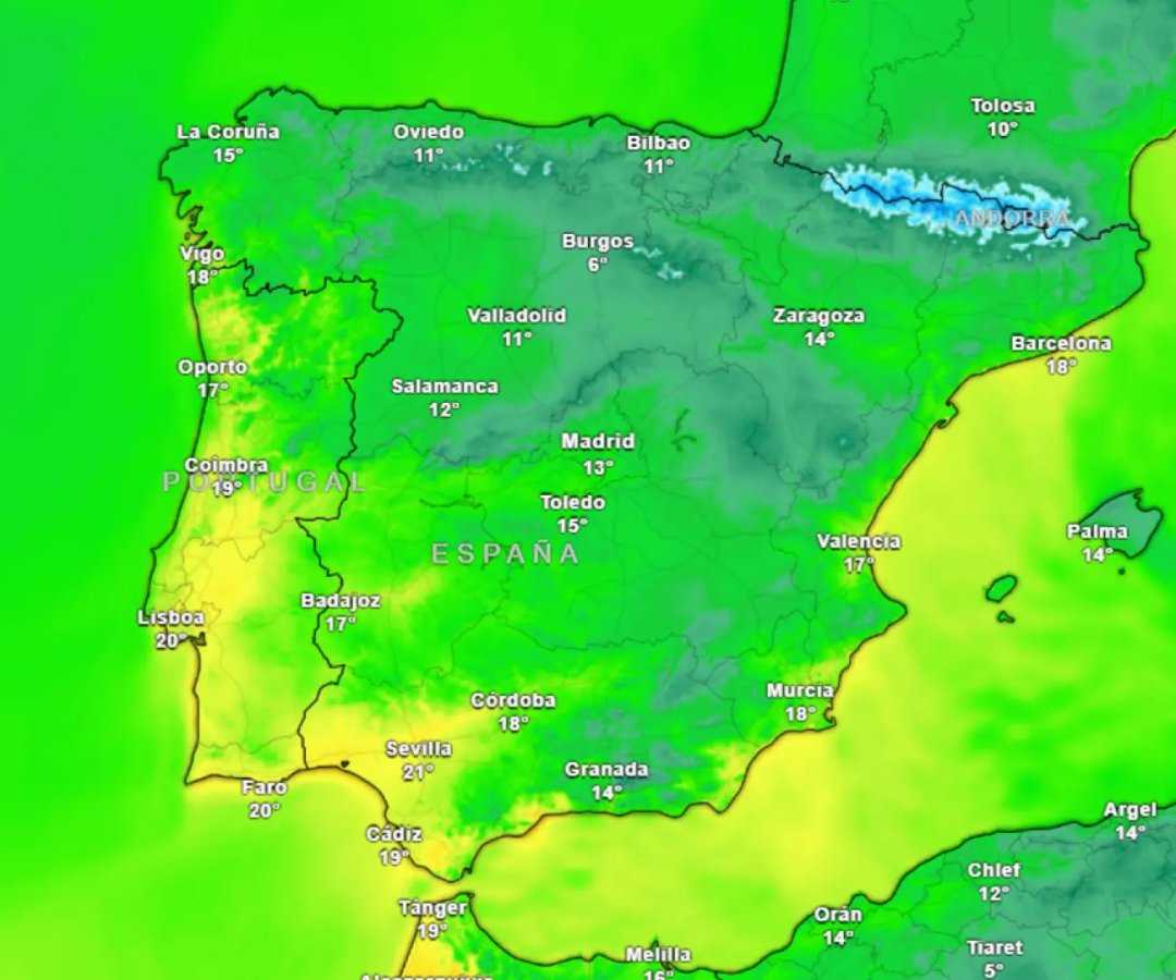 Mapa de temperaturas para este domingo.METEORED