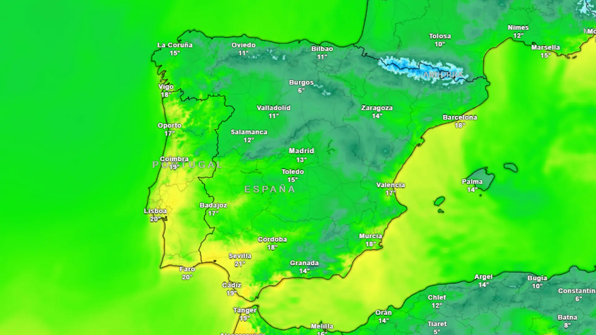 Mapa de temperaturas para este domingo.METEORED