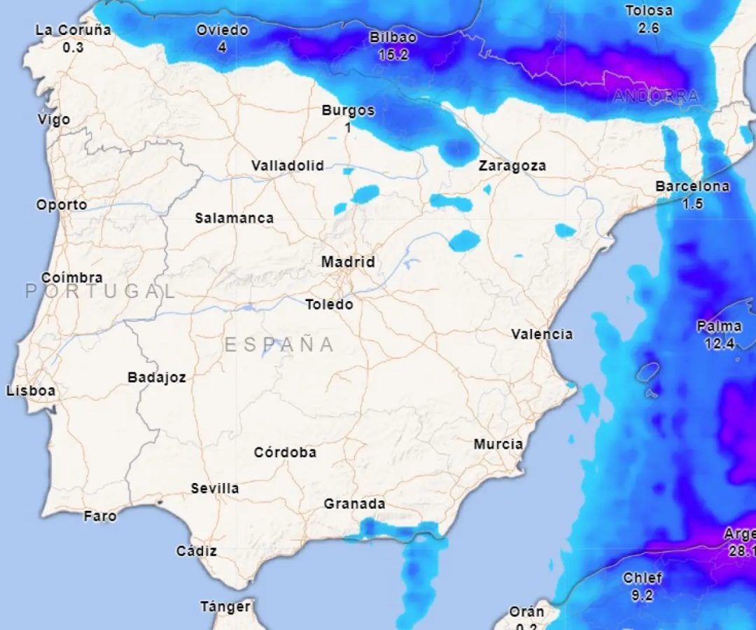 Mapa de luvias para este domingo.METEORED