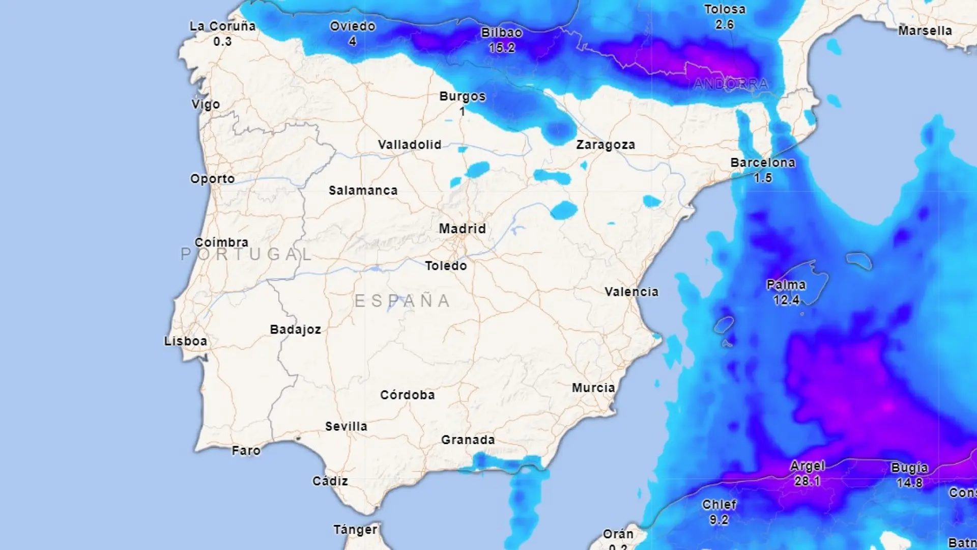 Mapa de luvias para este domingo.METEORED