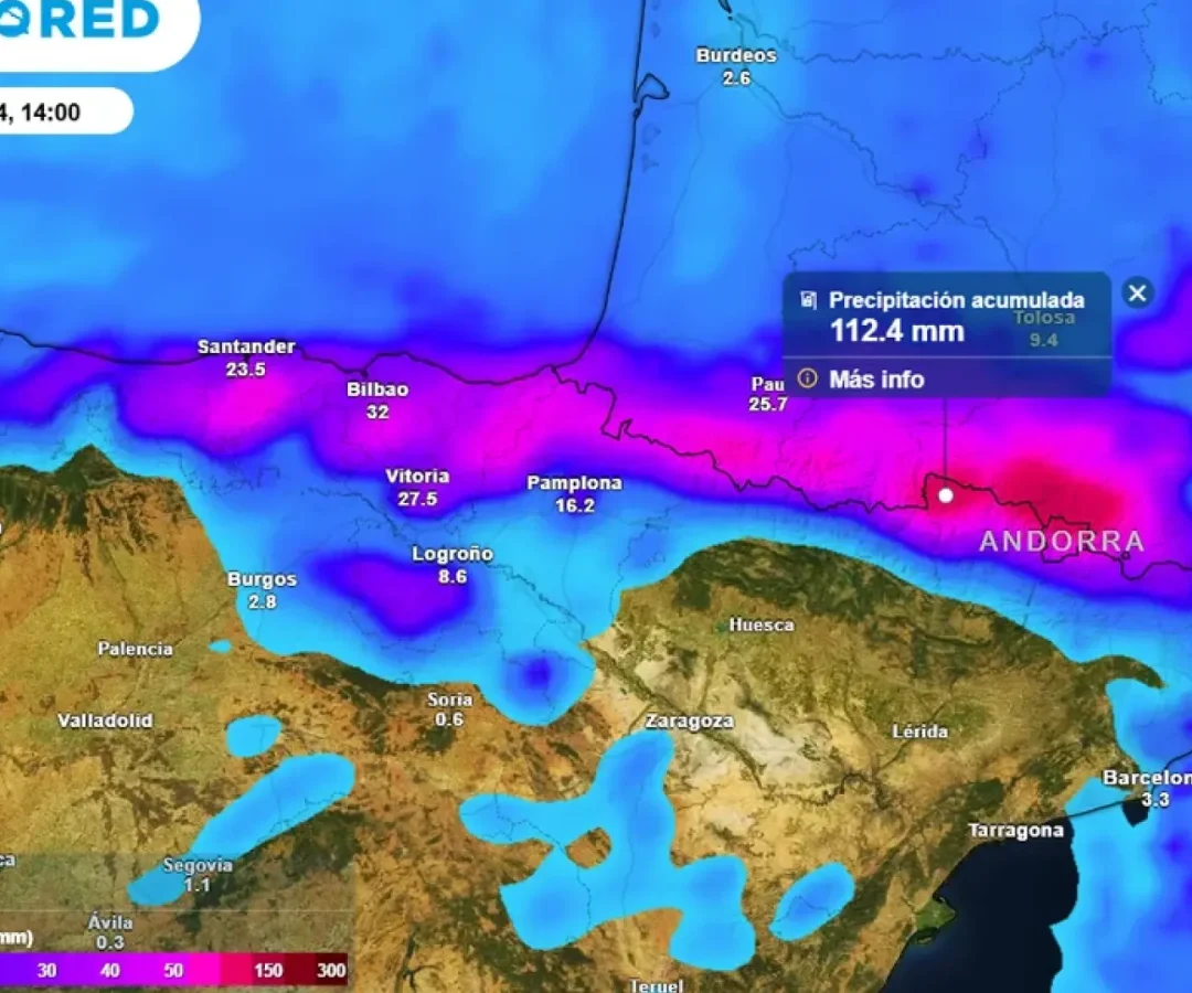 Mapa de precipitaciones ubicadas en el norte peninsular.Meteored.