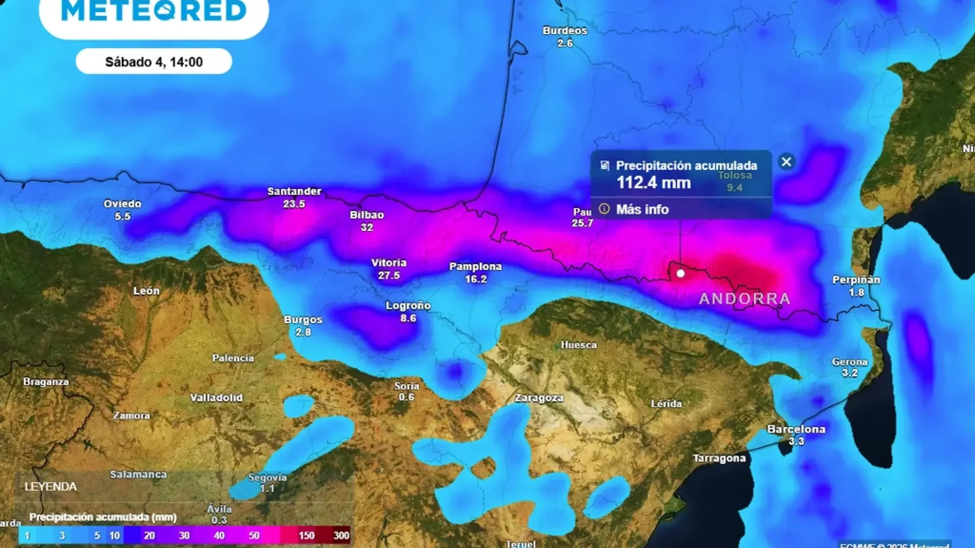 Mapa de precipitaciones ubicadas en el norte peninsular.Meteored.