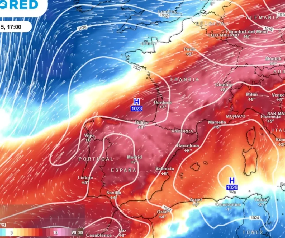 Mapa de masa de aire cálida sobre la Península Ibérica.Meteored.