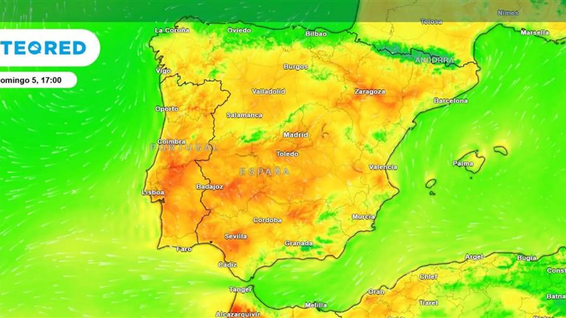 Mapa de previsión de temperaturas para este domingo.Meteored