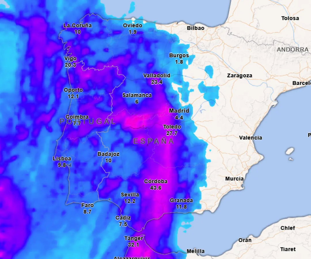 Precipitación acumulada para este miércoles.METEORED