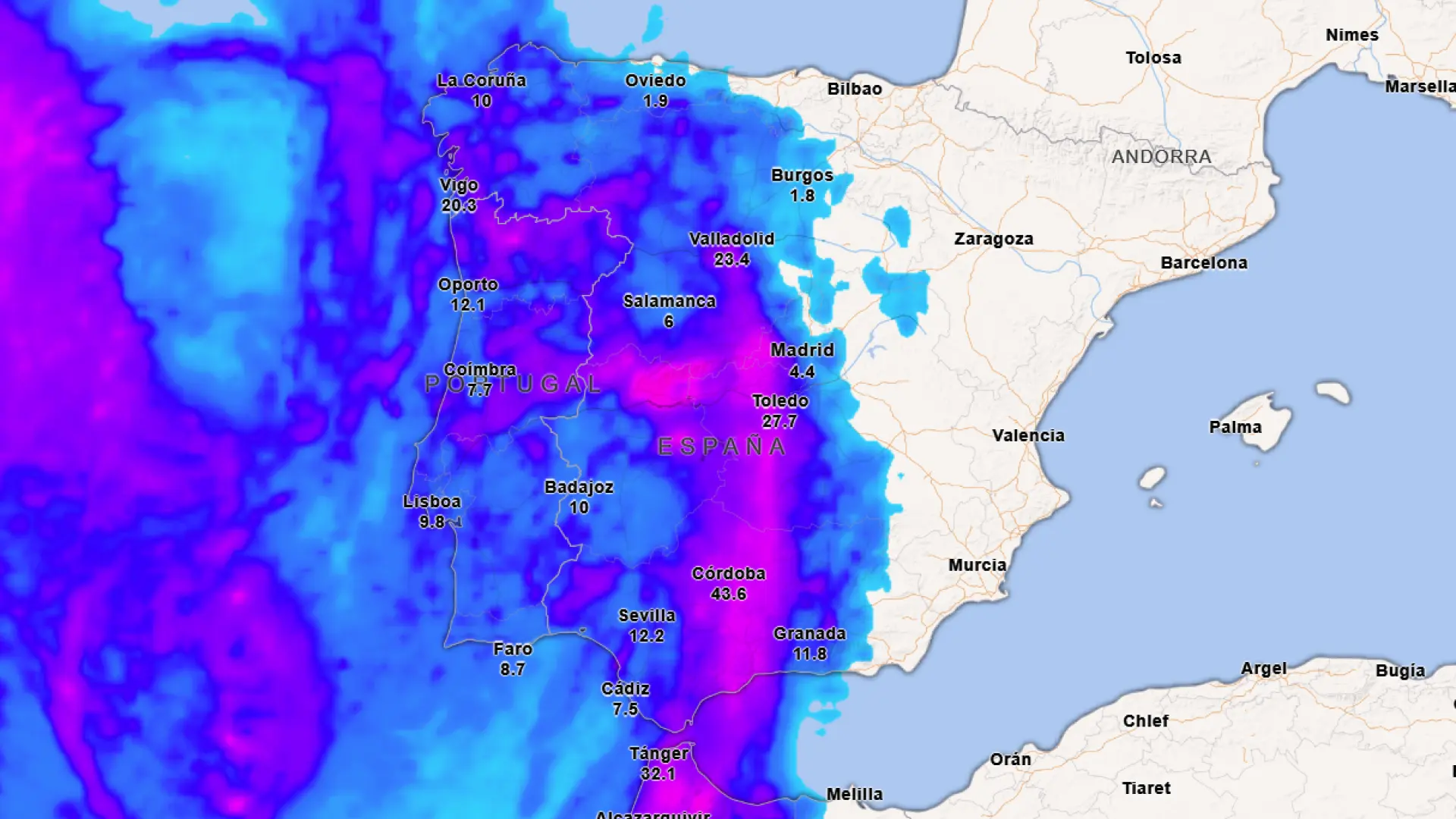 Precipitación acumulada para este miércoles.METEORED