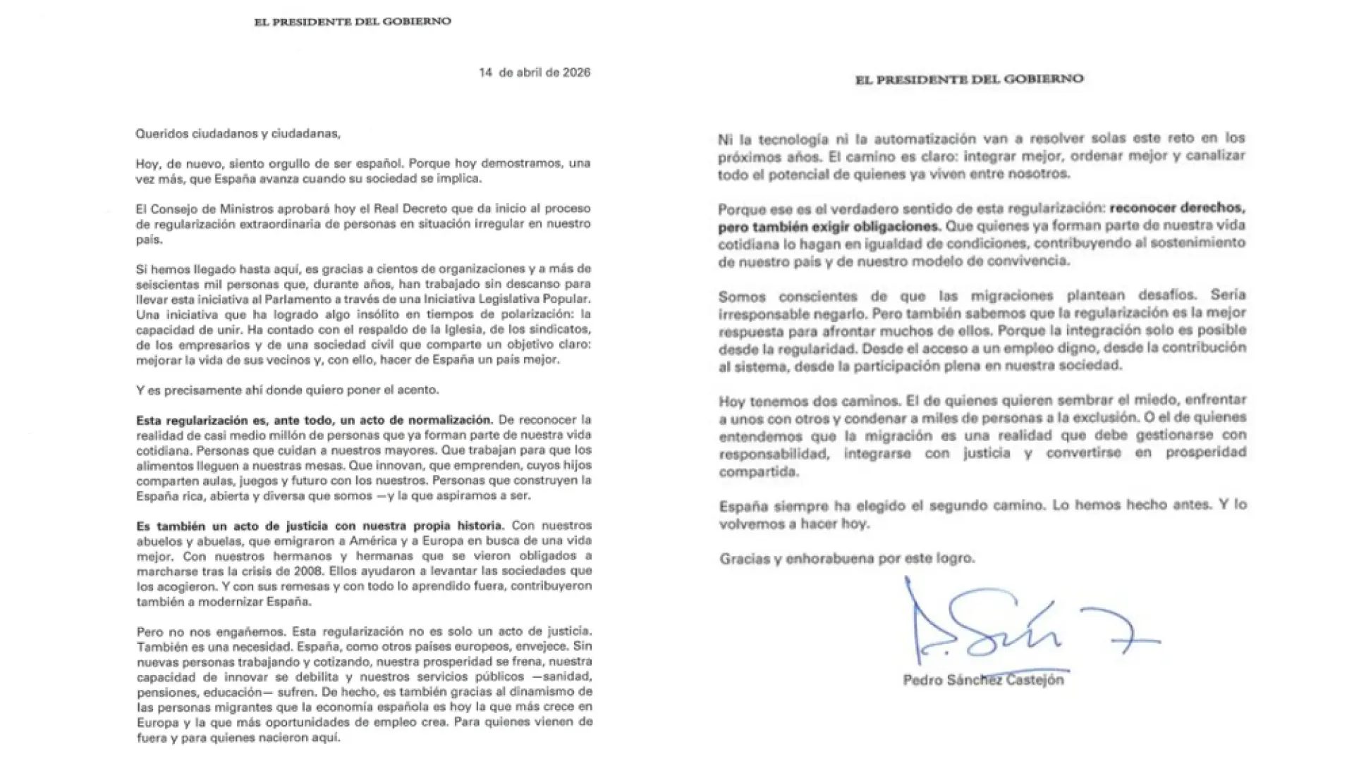 Carta de Pedro Sánchez a la ciudadanía.Moncloa