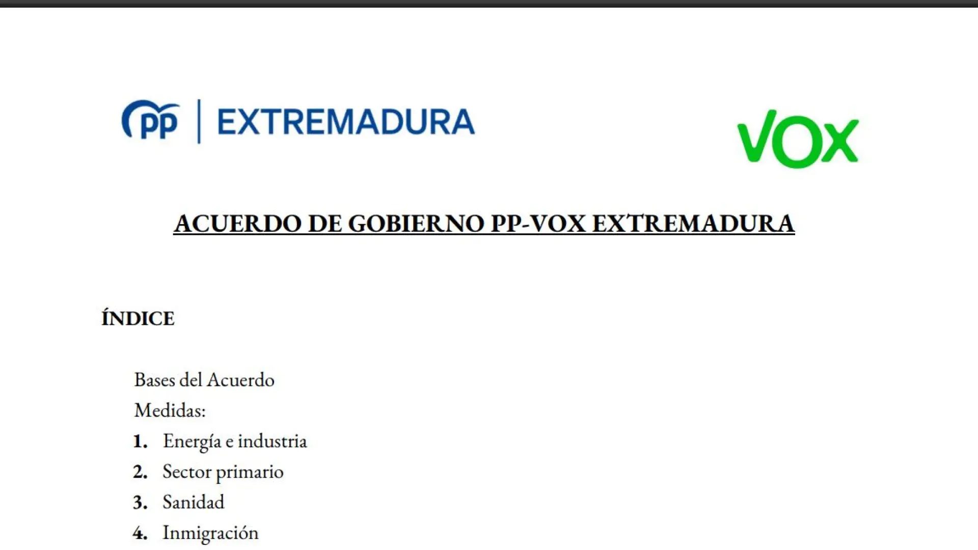 El texto del acuerdo de Gobierno en ExtremaduraPP Y VOX