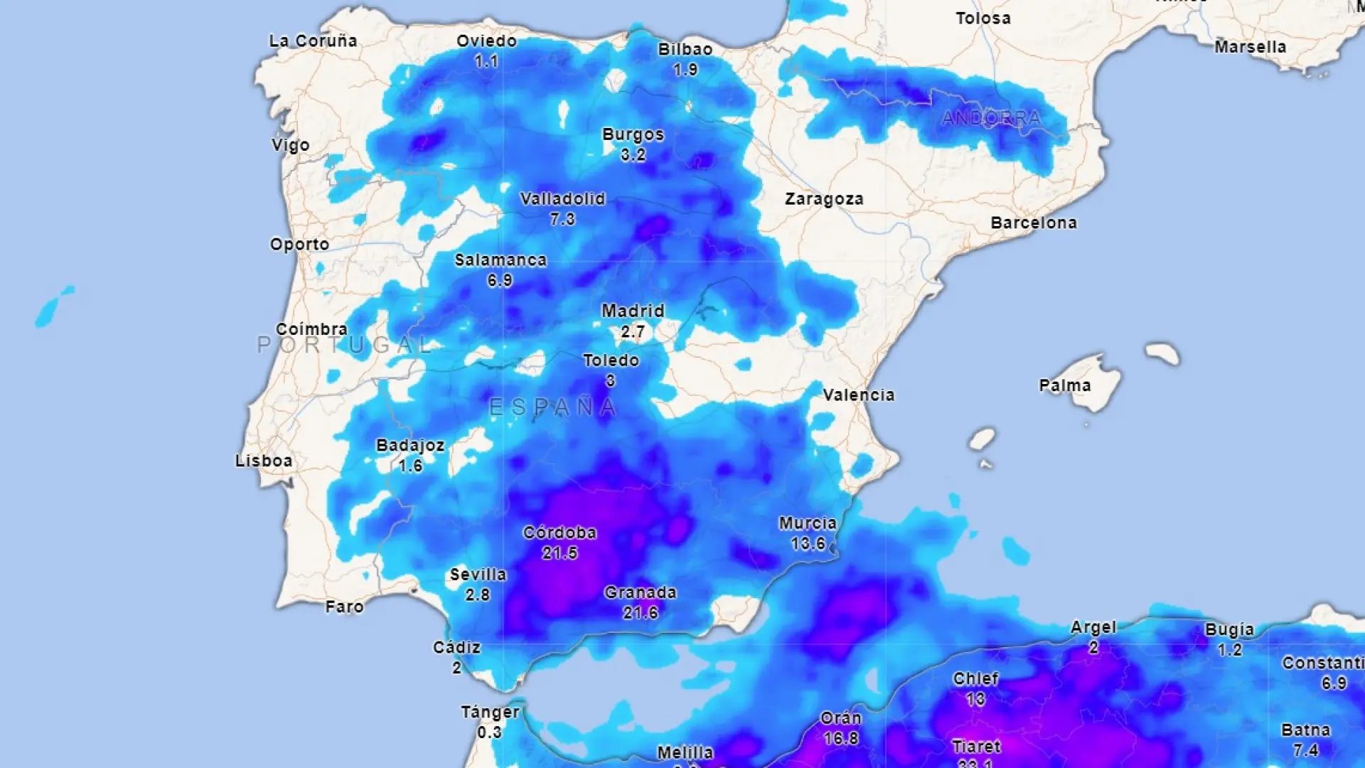 Mapa de precipitaciones para este sábado.Meteored