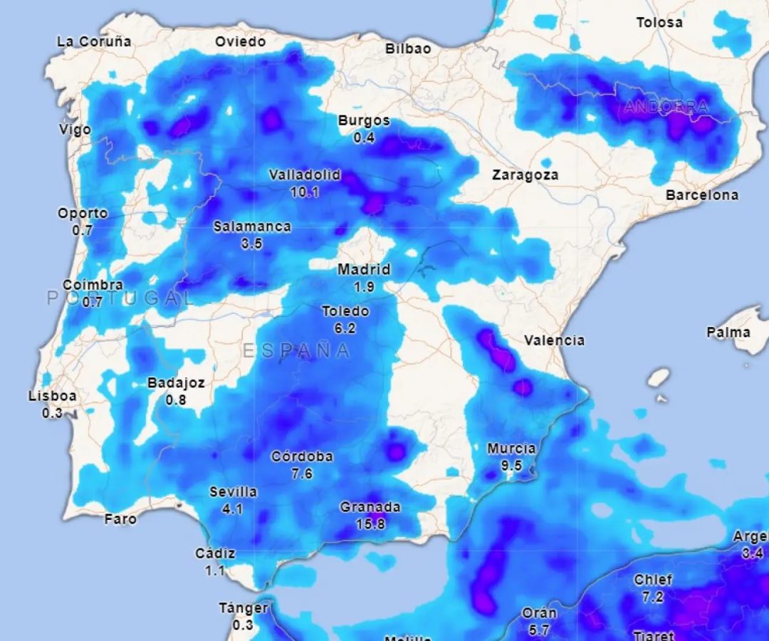 Mapa de lluvias acumuladas previstas para todo este domingo 26 de abril.Meteored