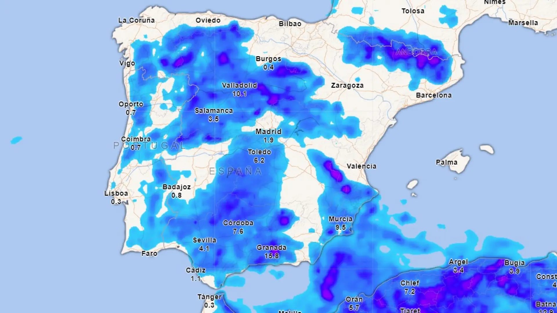 Mapa de lluvias acumuladas previstas para todo este domingo 26 de abril.Meteored