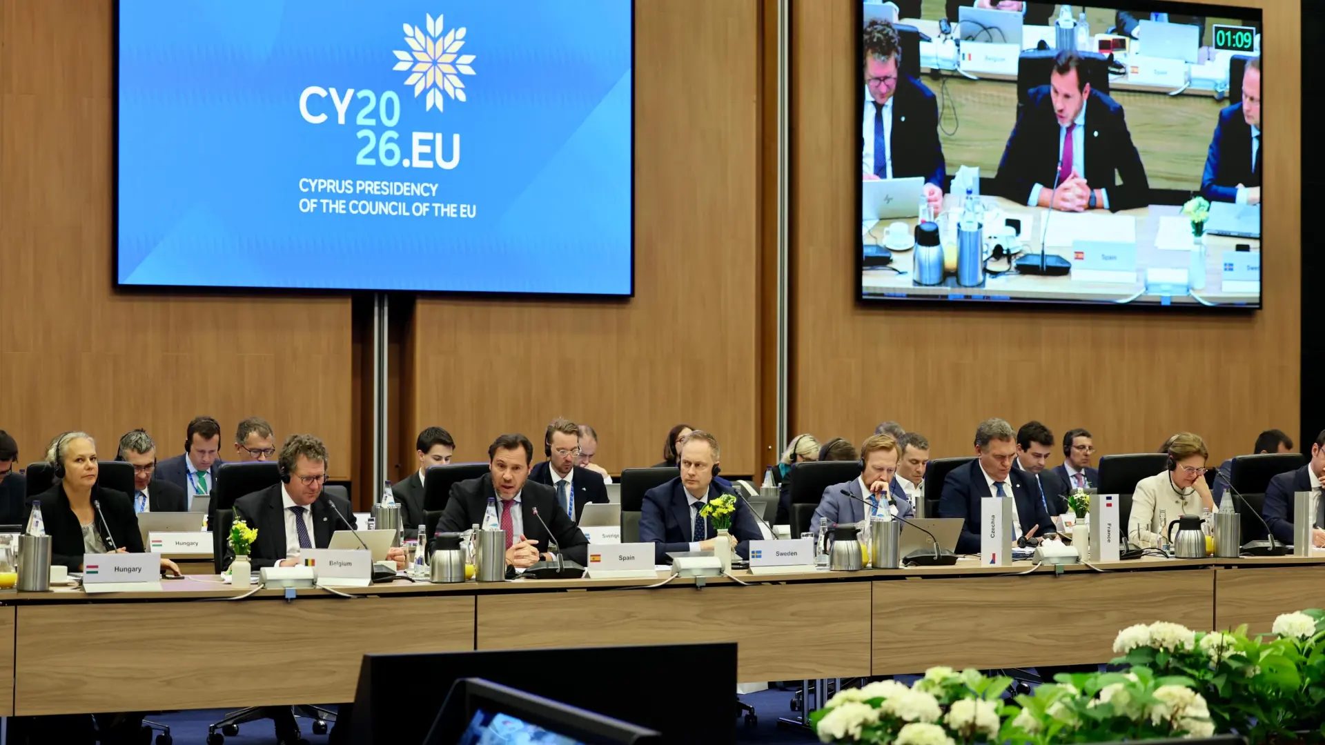 Óscar Puente interviene este miércoles en la reunión informal de ministros europeos de Transportes, en Chipre.Ministerio de Transportes y Movilidad Sostenible.