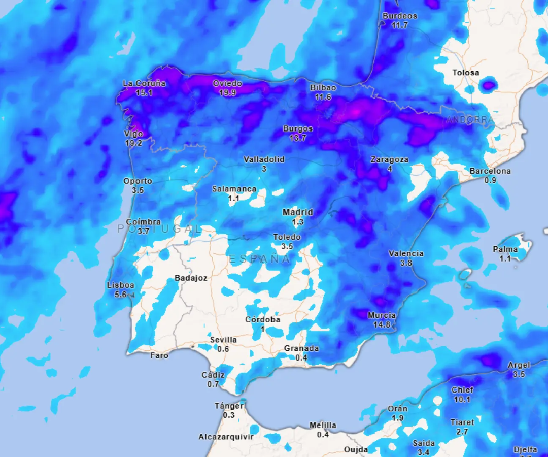 Mapa de precipitaciones para este sábado.METEORED