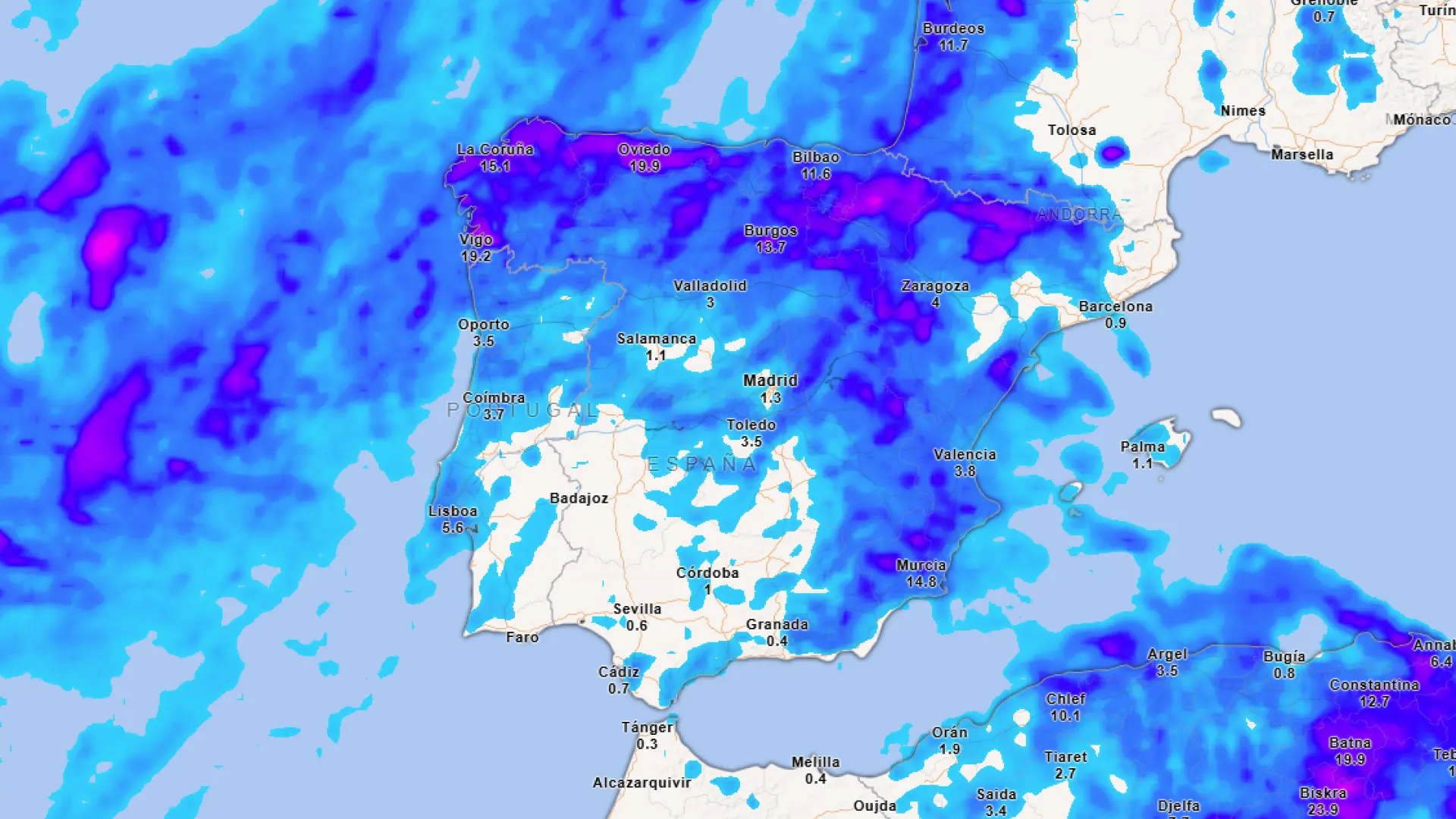 Mapa de precipitaciones para este sábado.METEORED