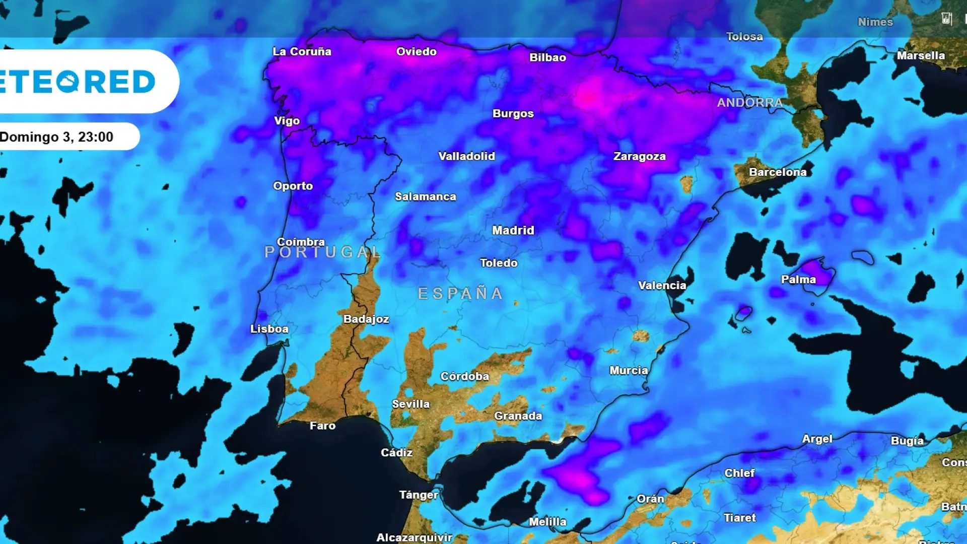 Mapa de precipitación acumulada para este domingo, 3 de mayo.METEORED / ECMWF
