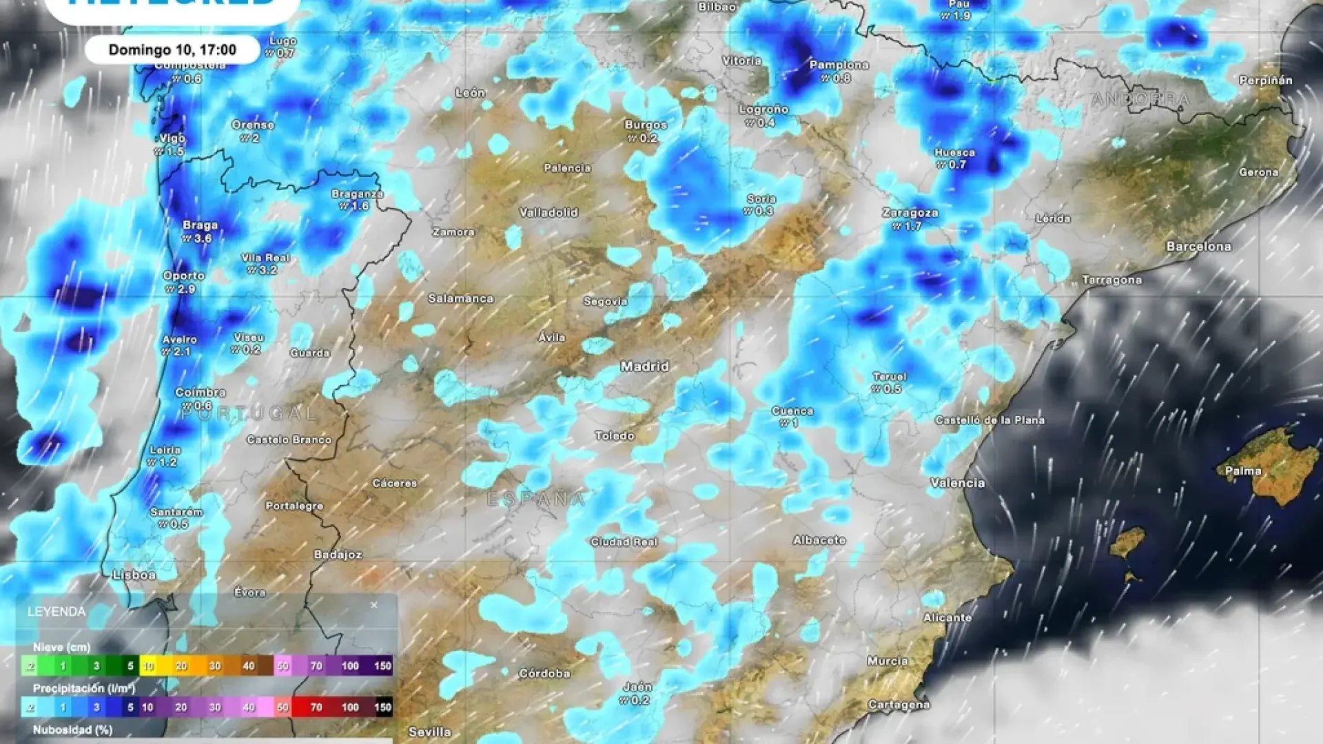 Mapa de lluvias para este domingo 10 de mayo.Meteored