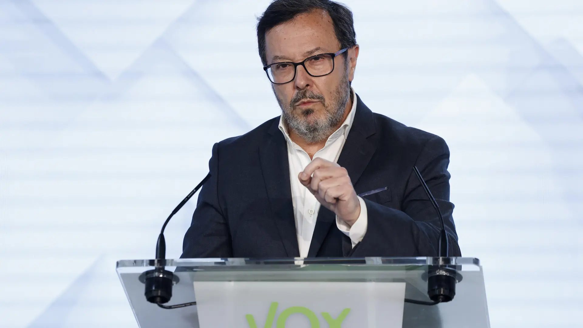 El portavoz nacional de Vox, José Antonio Fúster, durante la rueda de prensa.Chema Moya / EFE