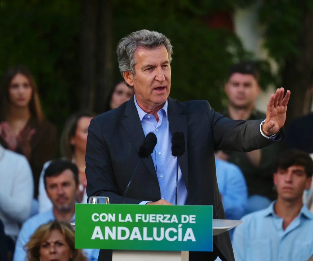 El presidente del PP, Alberto Núñez Feijóo, en un mitin en Tomares (Sevilla) por la campaña andaluza.David Mudarra / PP