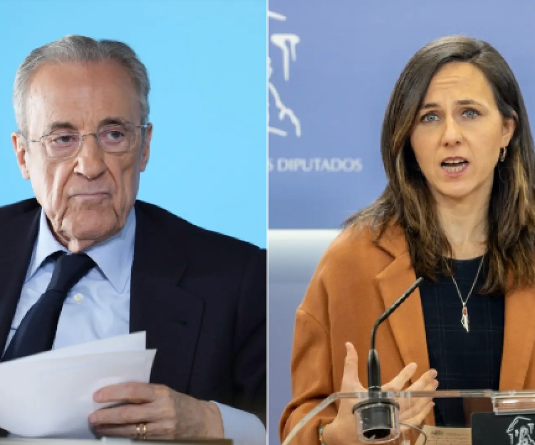 El presidente del Real Madrid, Florentino Pérez, y la secretaria general de Podemos, Ione Belarra.EUROPA PRESS