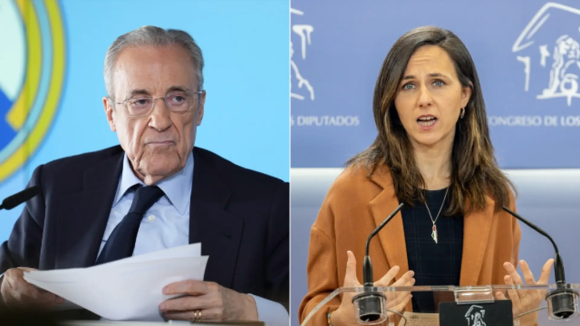 El presidente del Real Madrid, Florentino Pérez, y la secretaria general de Podemos, Ione Belarra.EUROPA PRESS