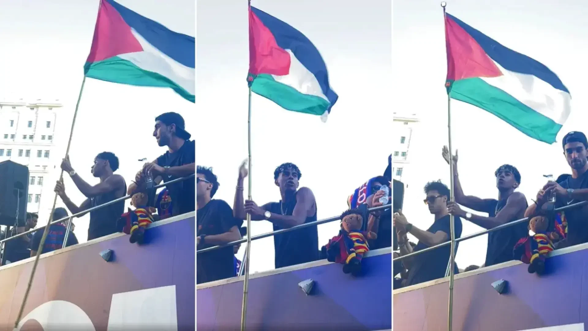 El atacante del Barcelona Lamine Yamal ondeó este lunes una bandera de Palestina durante la rúa de celebración del título de LaLiga.