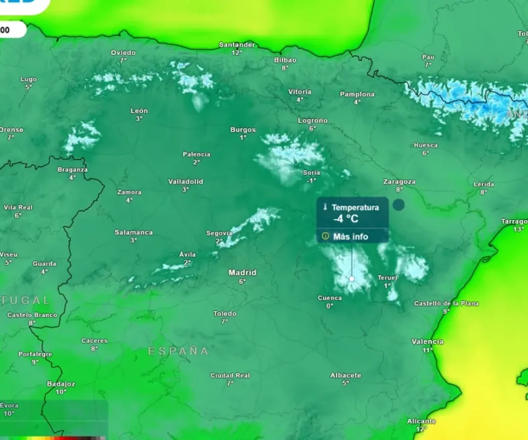 Mapa de temperaturas mínimas para este sábado 16 de mayo.Meteored