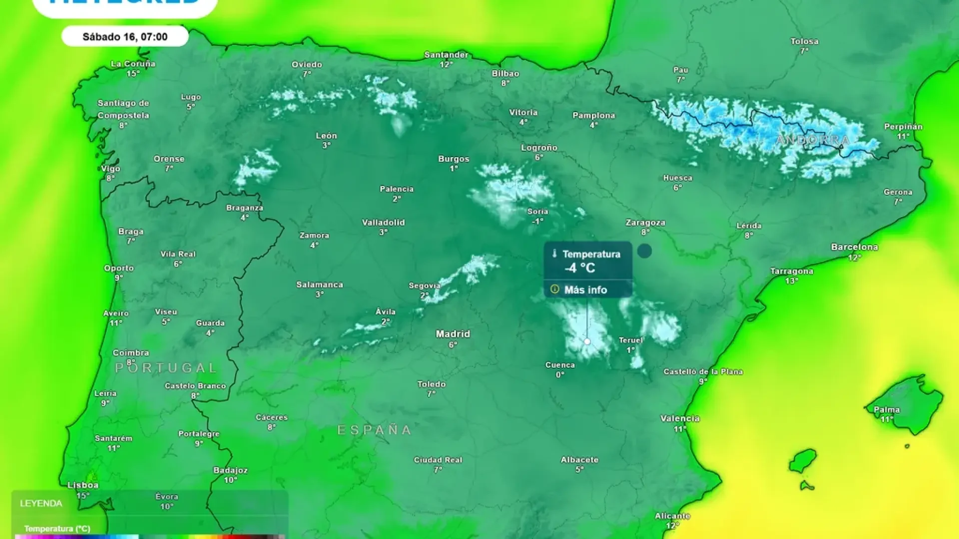 Mapa de temperaturas mínimas para este sábado 16 de mayo.Meteored