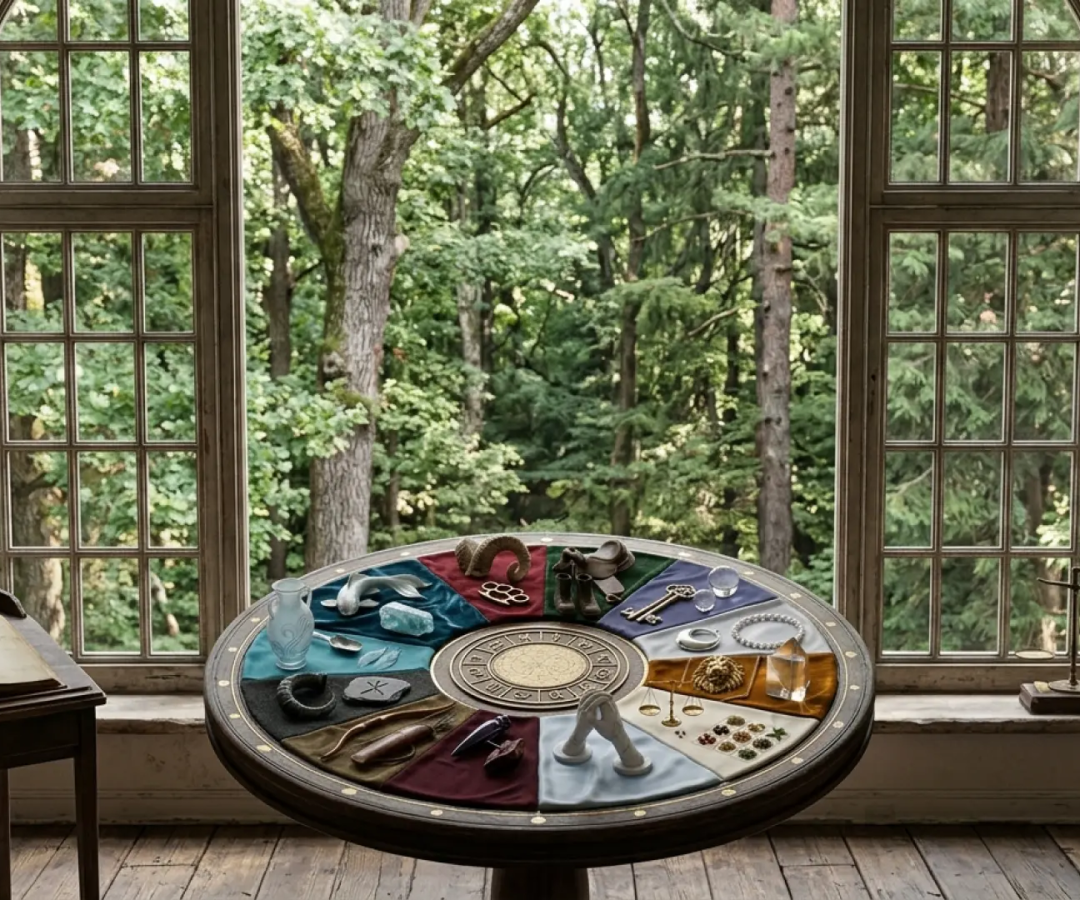 Una mesa redonda con objetos del horóscopo frente a una gran ventana que da a un bosque.Imagen generada por IA