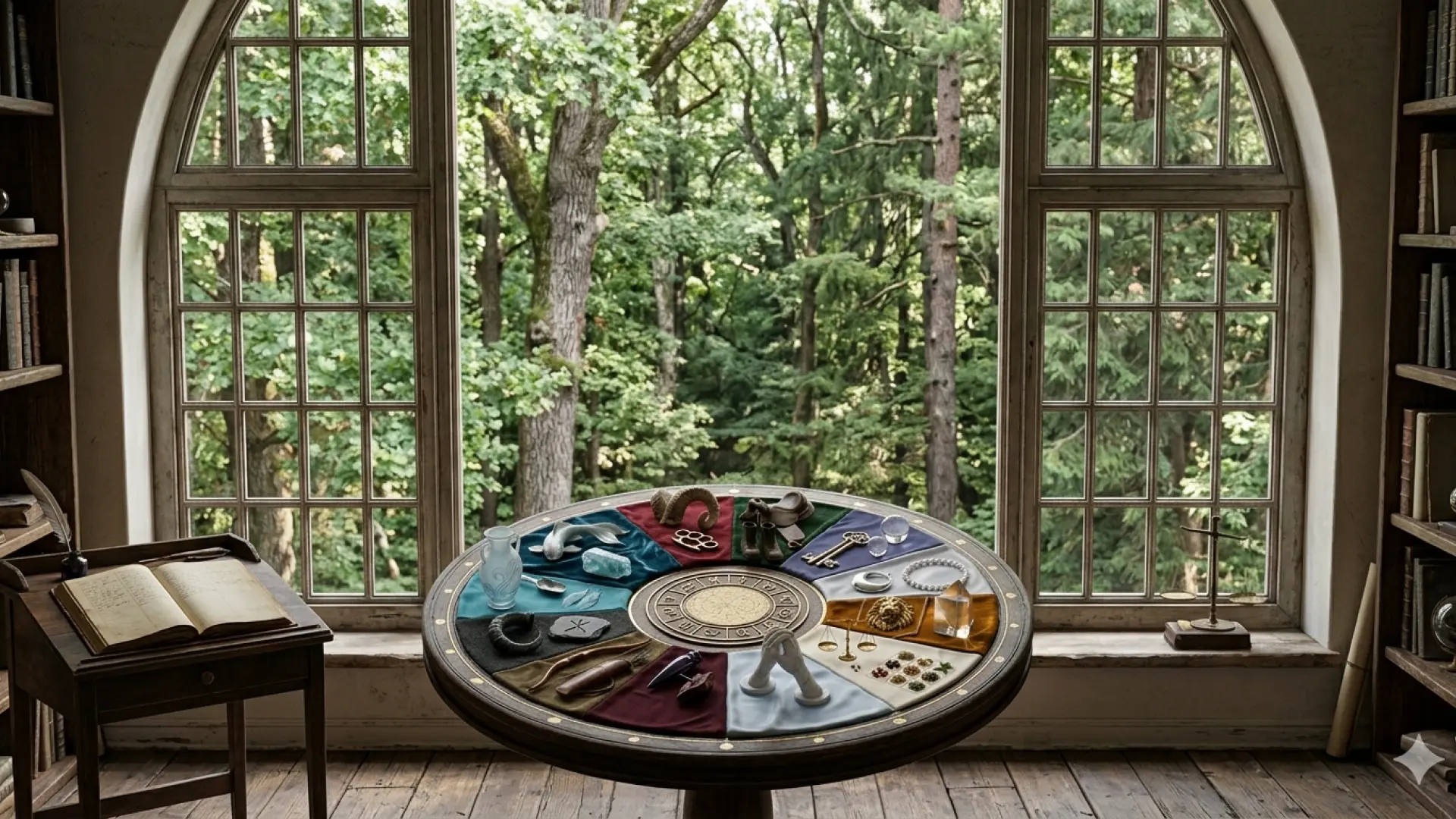 Una mesa redonda con objetos del horóscopo frente a una gran ventana que da a un bosque.Imagen generada por IA
