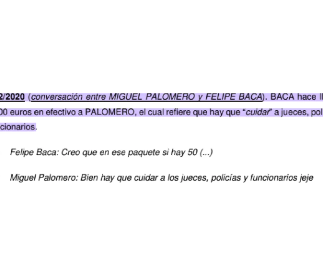 Fragmento de la conversación entre los investigados Miguel Palomero y Felipe Baca, extraída de un informe de la UDEF.