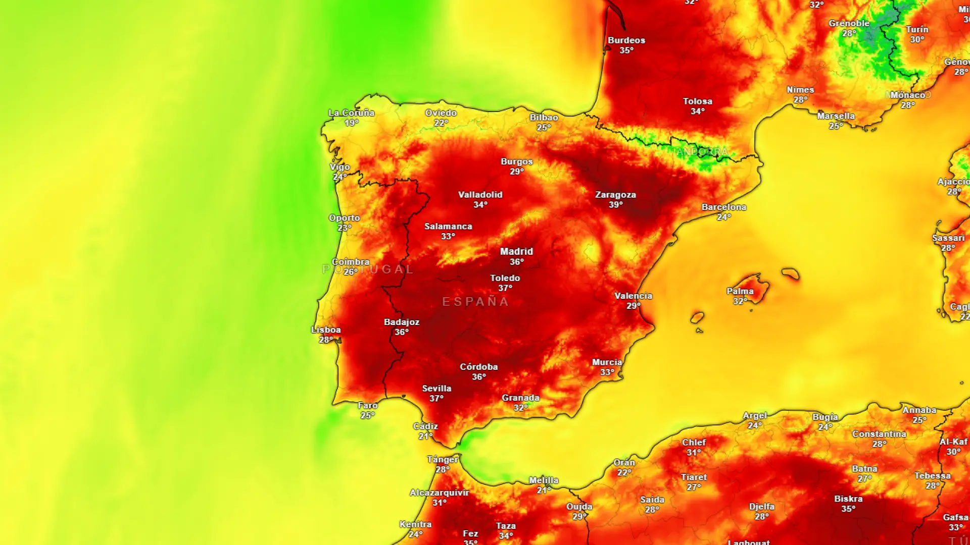 Mapa de temperaturas para este viernes.METEORED