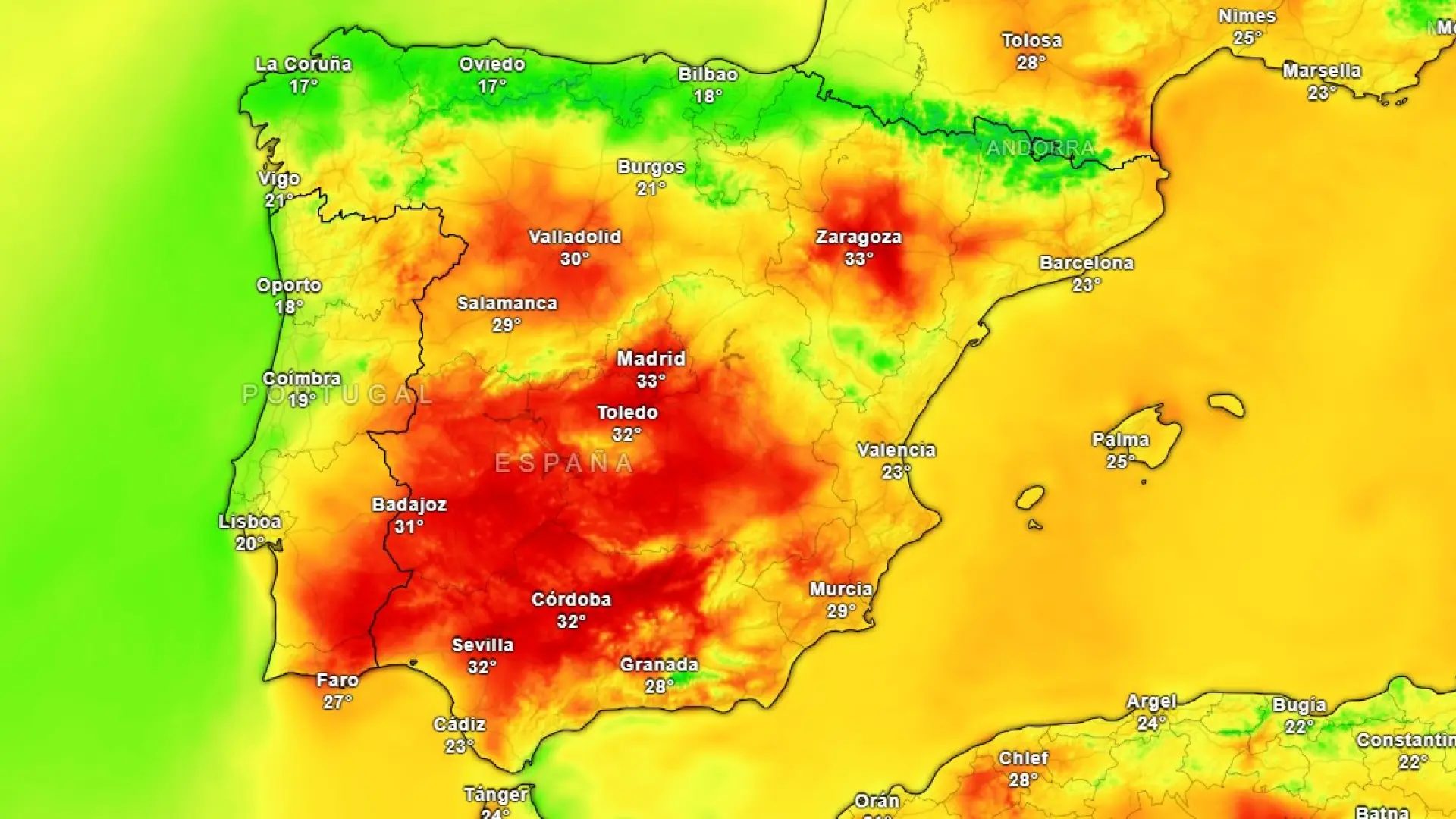 Mapa de temperaturas de este sábado.METEORED