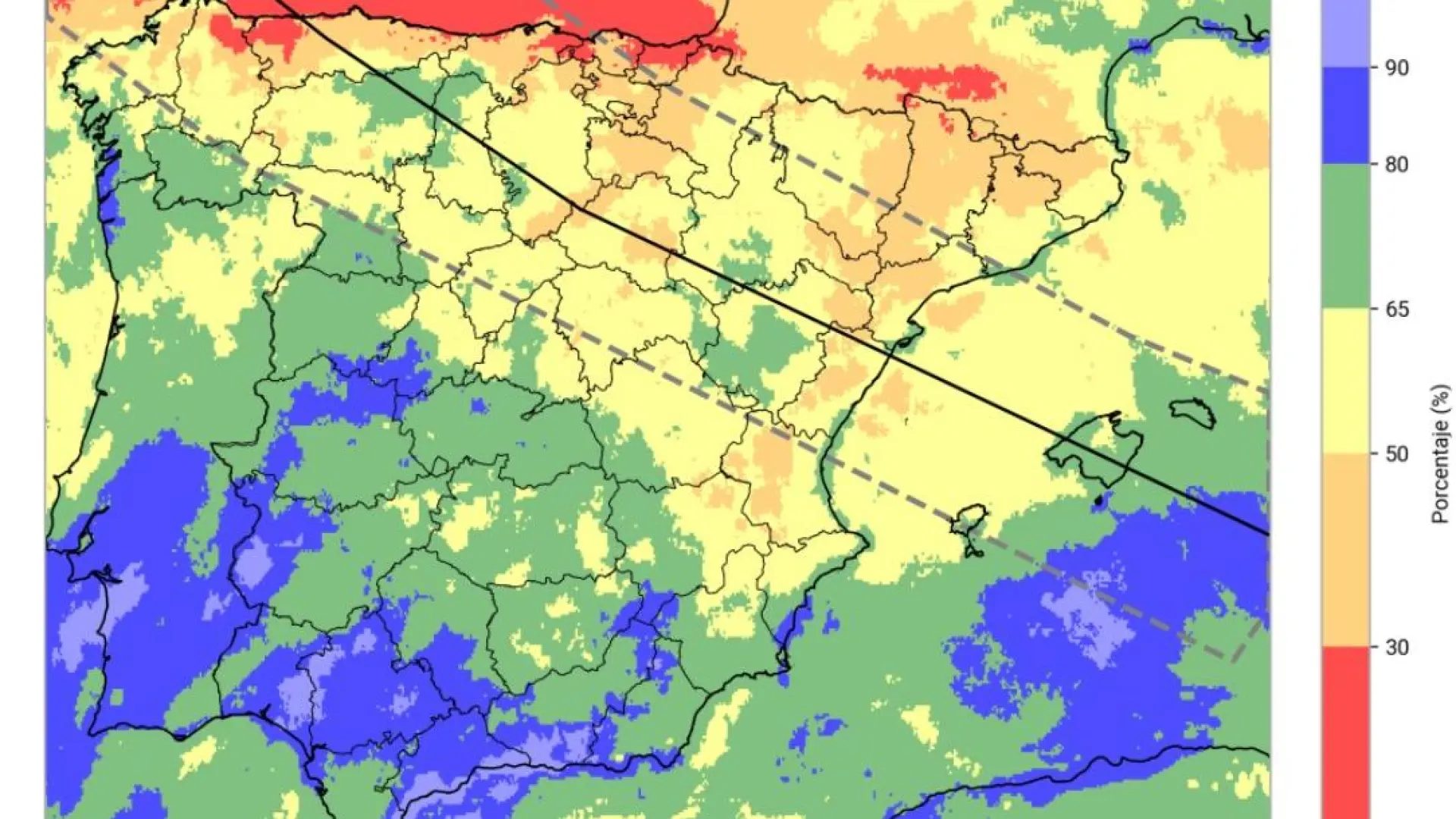 Mapa de la Aemet que muestra, en tonos rojos, naranjas y amarillos, las zonas donde es menos frecuente que los cielos estén poco nubosos o despejados para la fecha del eclipse solar.AEMET