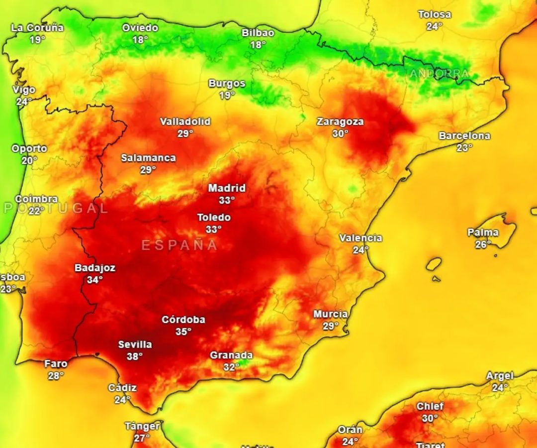 Mapa de temperaturas para este domingo.METEORED