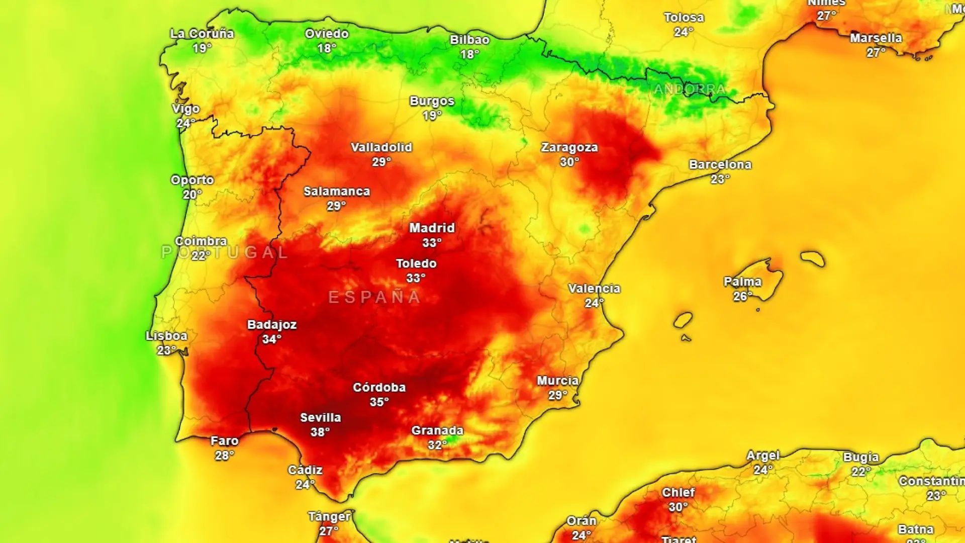 Mapa de temperaturas para este domingo.METEORED