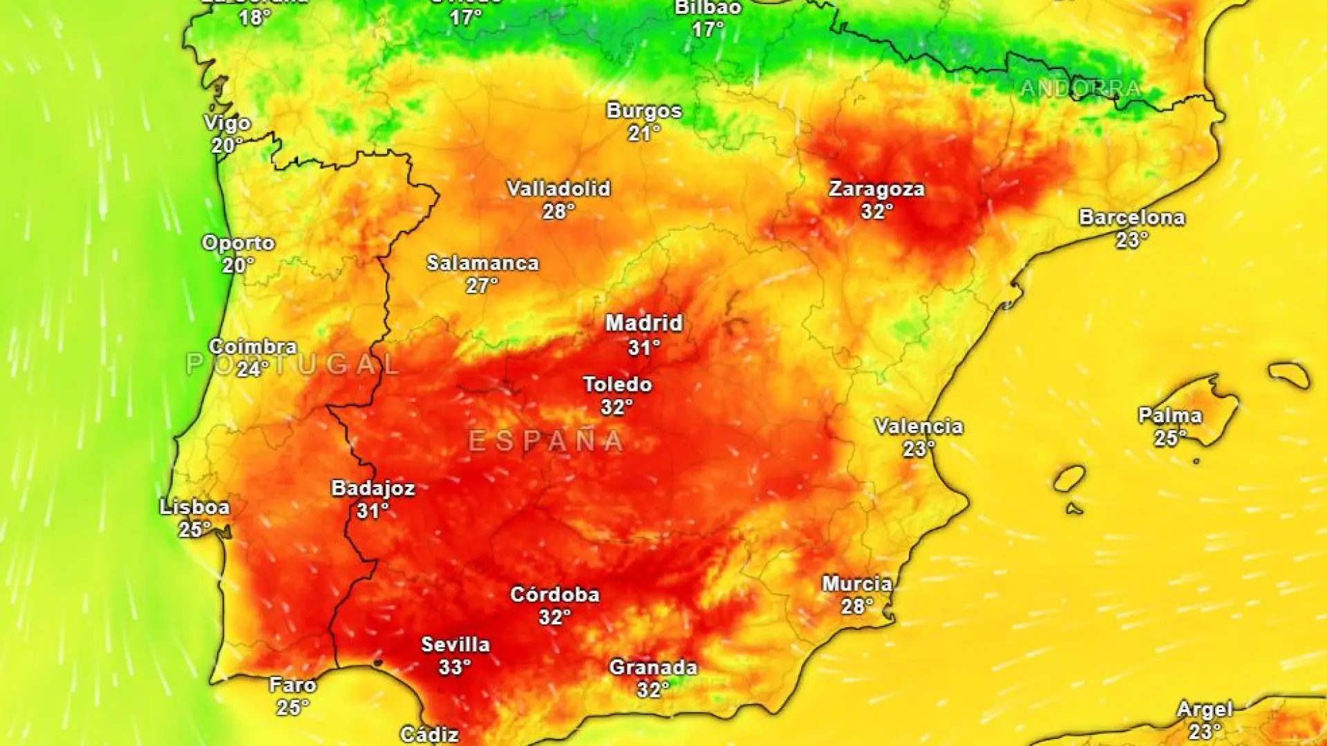 Mapa de temperaturas del sábado.METEORED