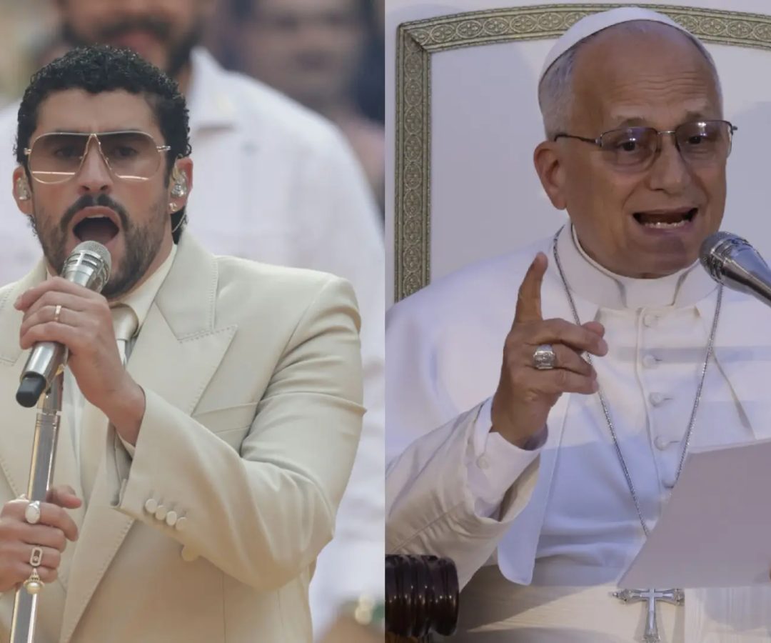 Combo de fotos de Bad Bunny en uno de sus conciertos en Madrid y el Papa León XIV, este sábado en la Plaza de Lima de la capital.EFE