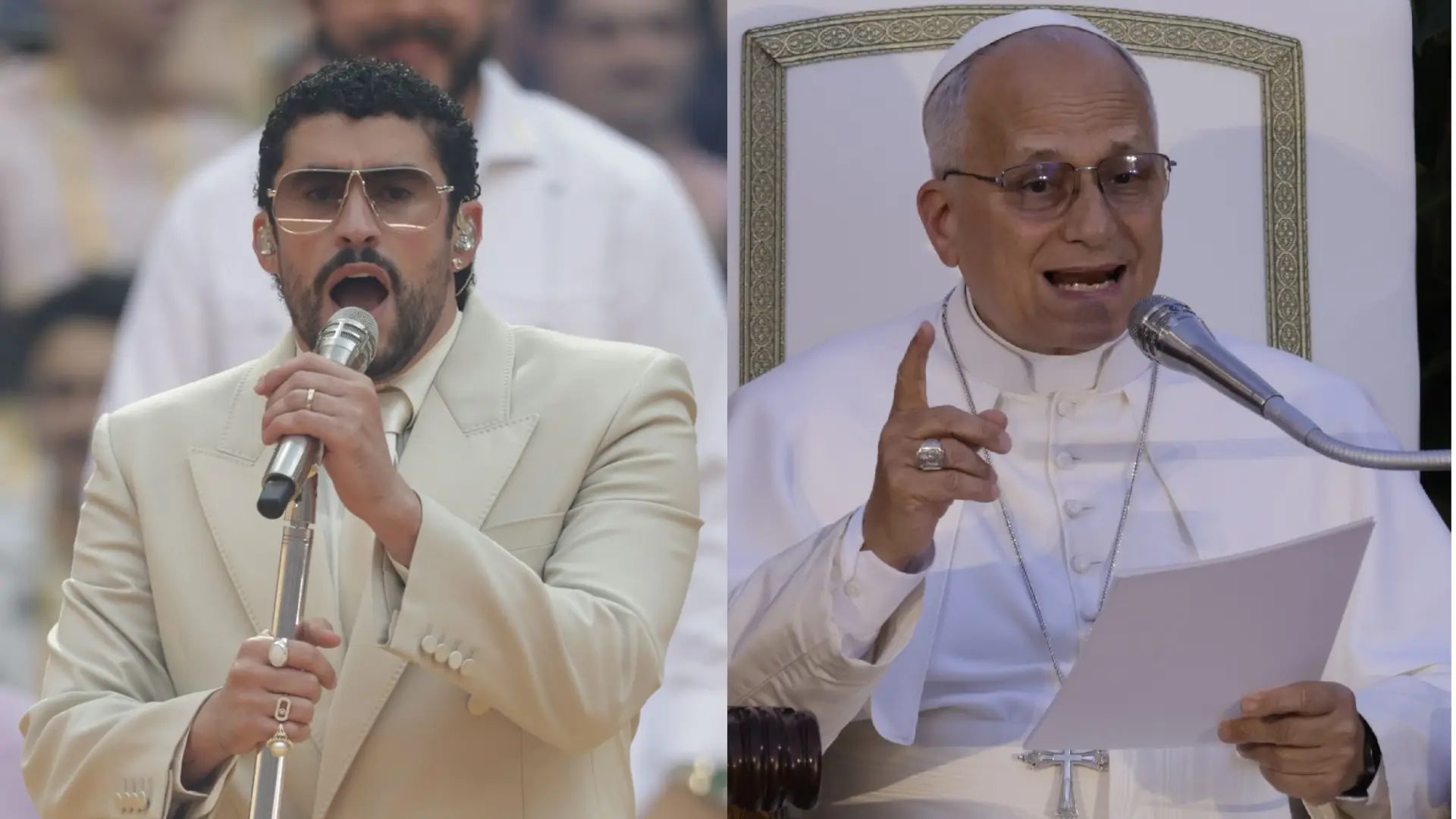 Combo de fotos de Bad Bunny en uno de sus conciertos en Madrid y el Papa León XIV, este sábado en la Plaza de Lima de la capital.EFE