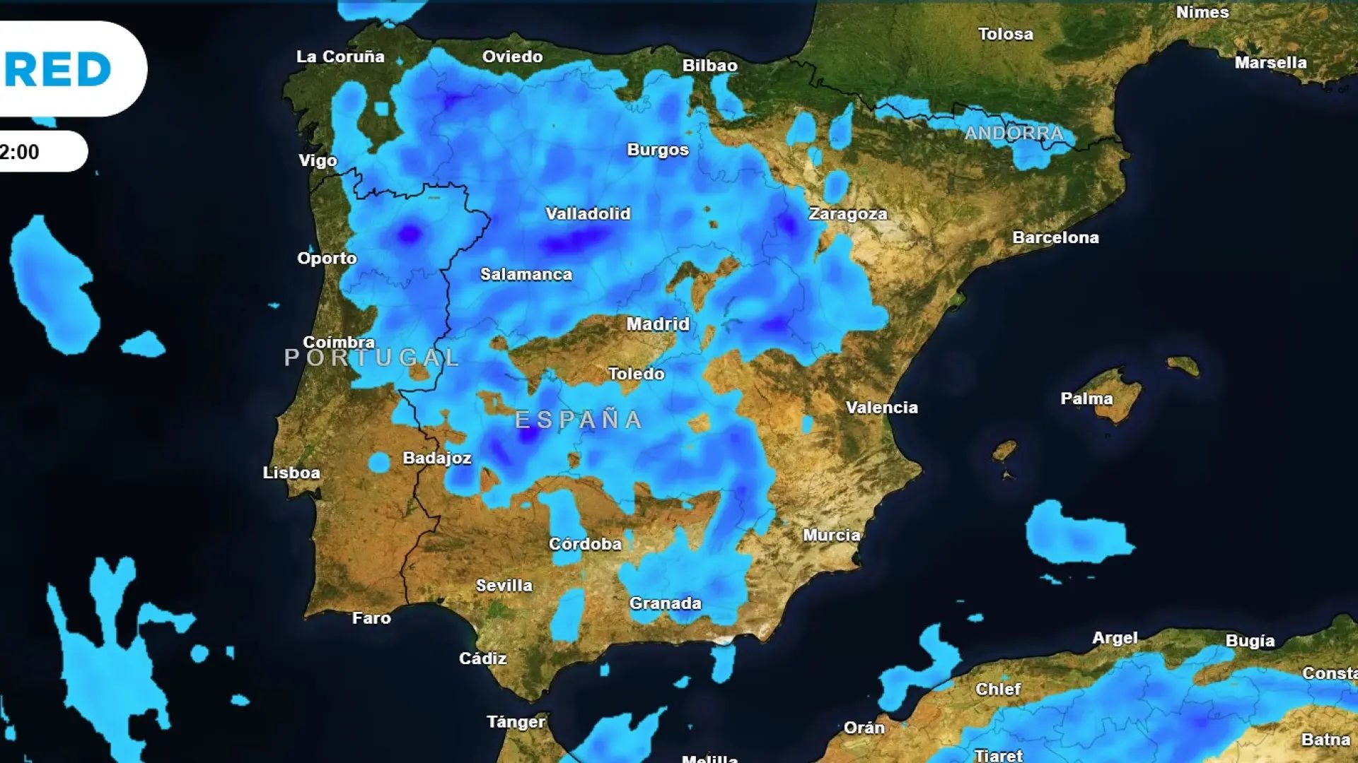 Mapa de precipitación acumulada para última hora del domingo.METEORED