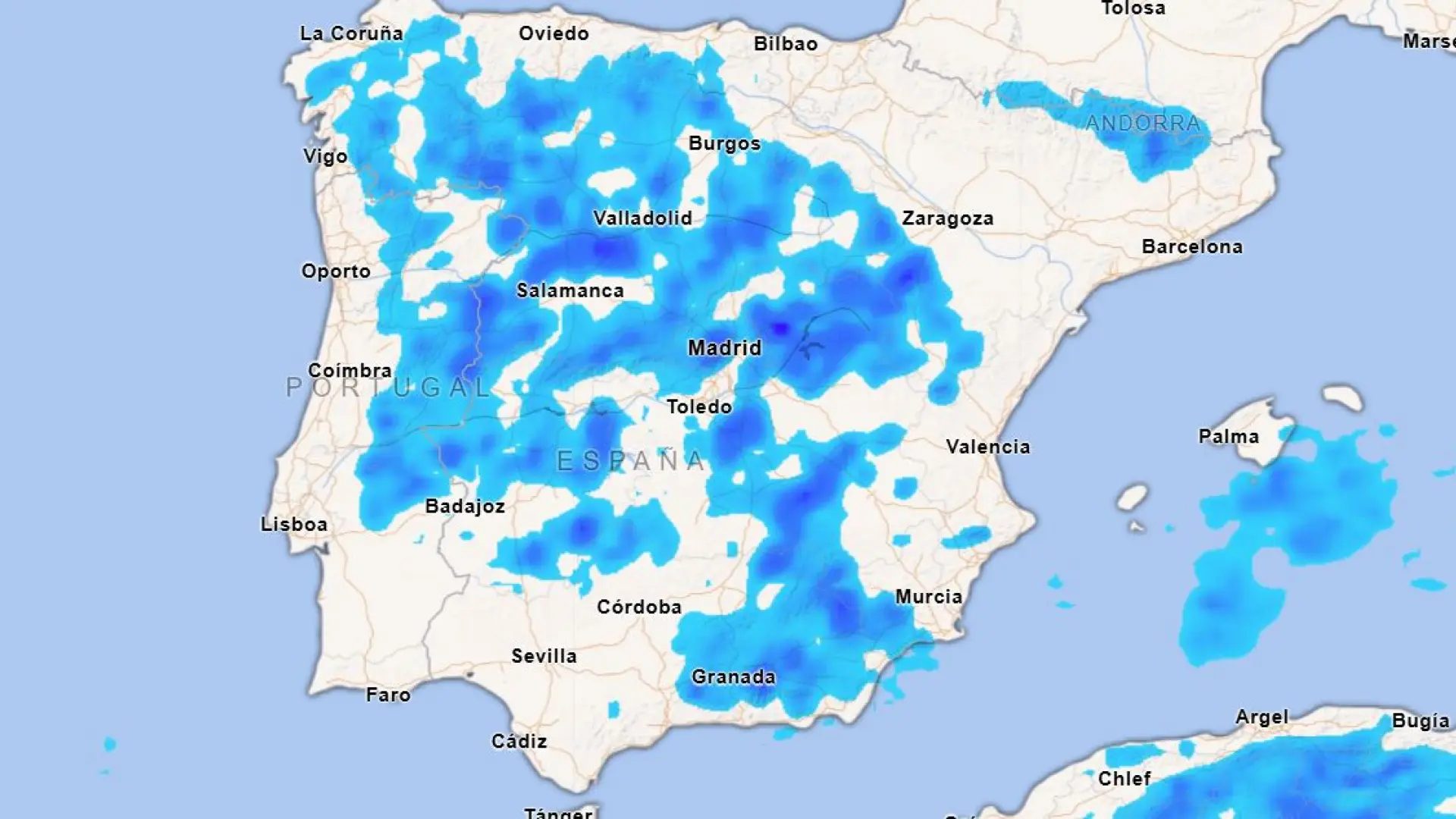 Mapa de precipitación acumulada en la península ibérica este lunes.Eduardo Elías Casado Cerrato